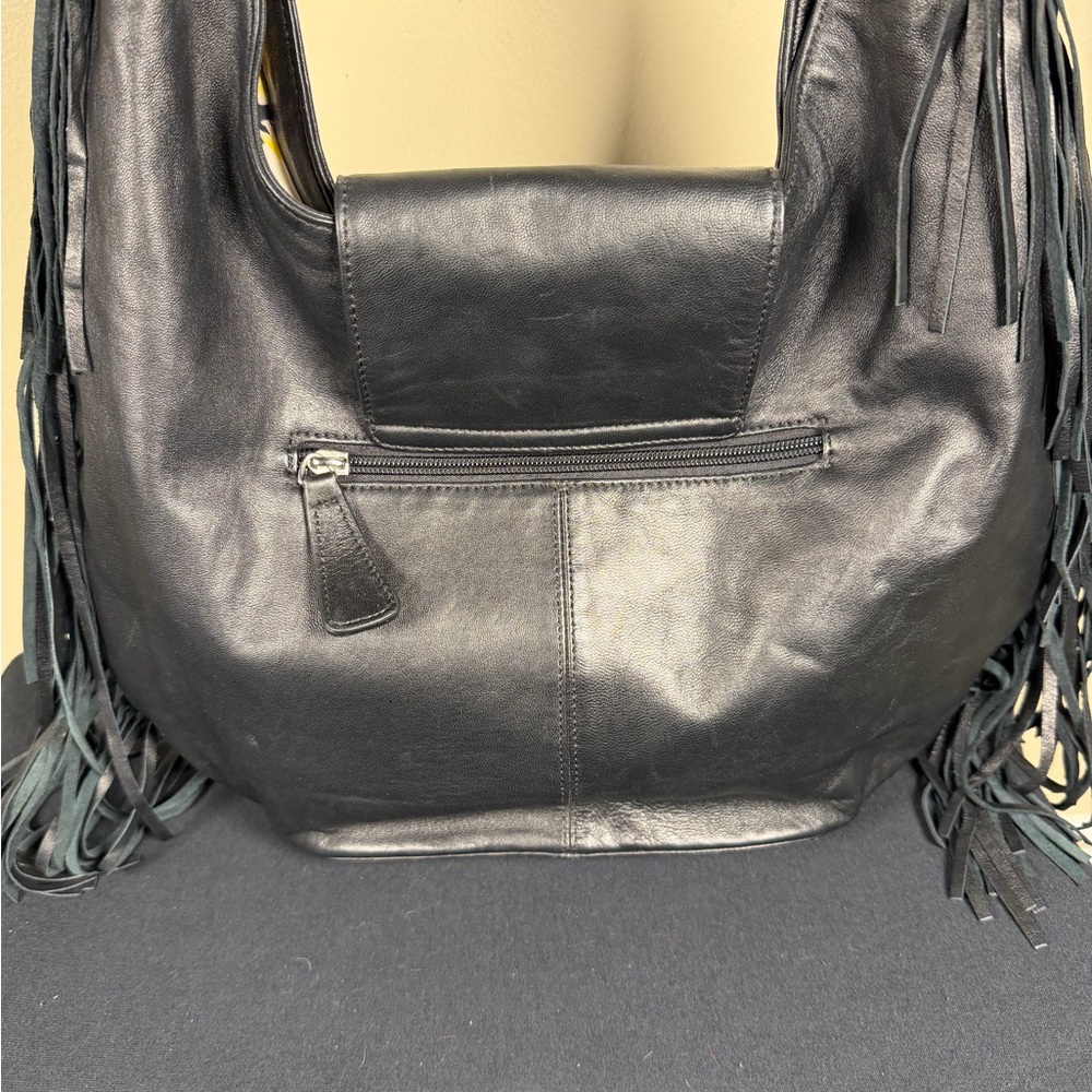 Western fringe Black Leather Hobo Bag, boho, bohochic, - Picture 3 of 8
